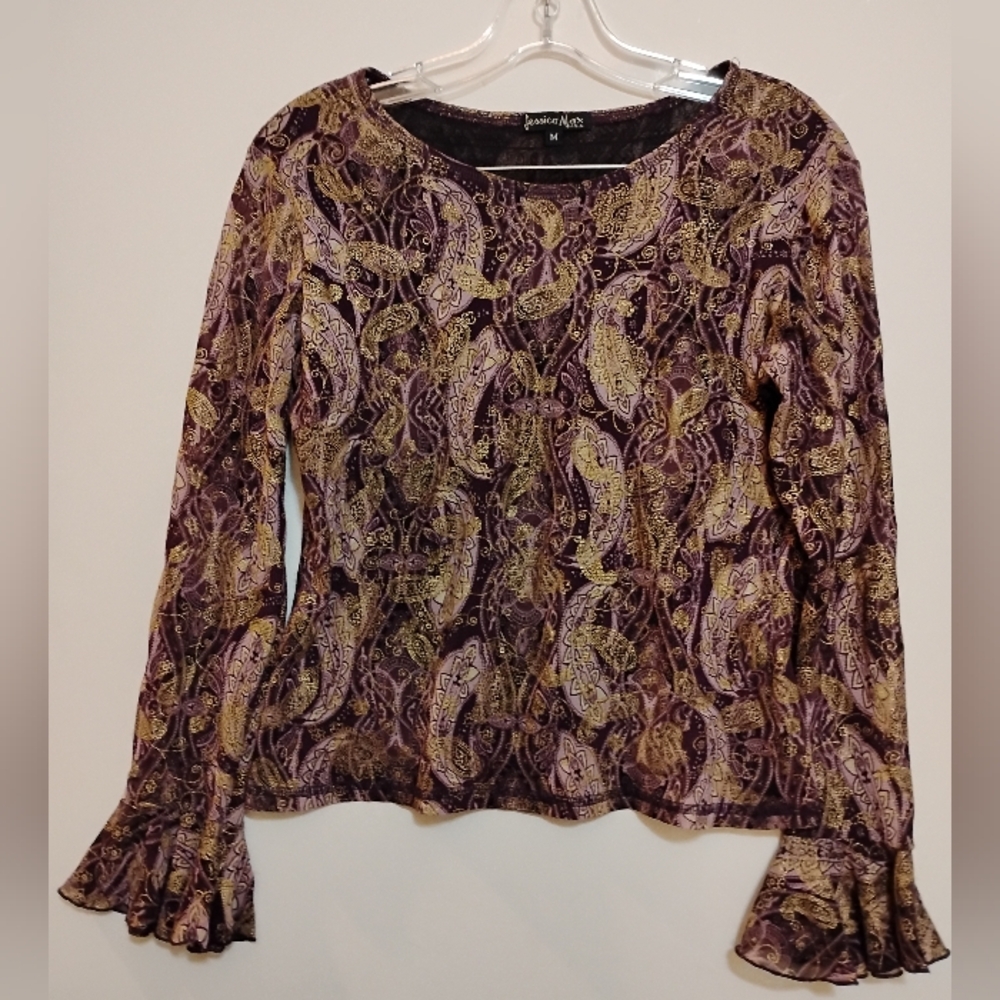 Jessica Max U.S.A. Brown Purple Gold Ruffled Bell Sleeve Polyester Mesh Blouse M
